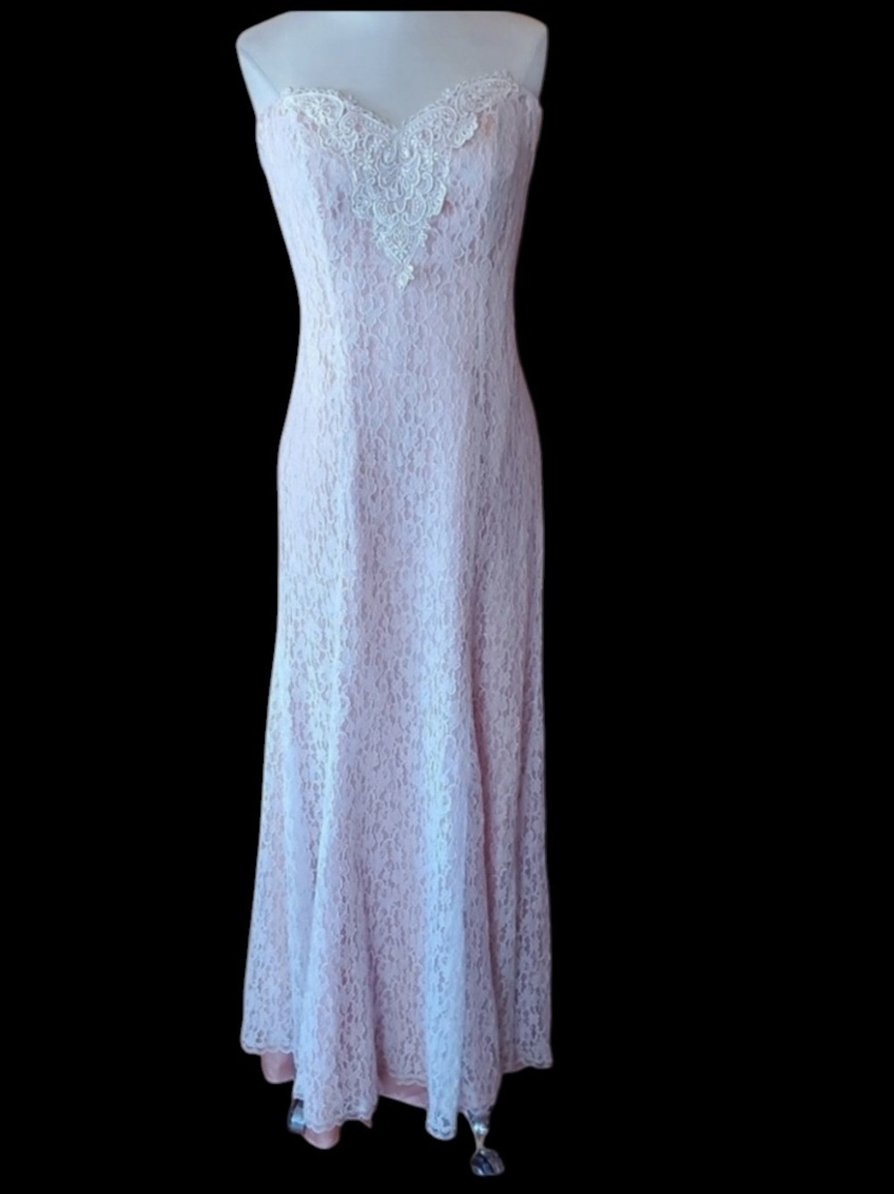 Deadstock 1980s‎ Loralie Pink w/White Lace Overlay Strapless Formal Gown